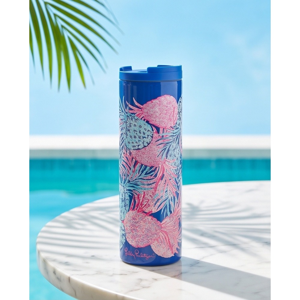 Lilly Pulitzer Tumbler Gypset Blue Pink Pineapple Stainless Steel Travel Mug NEW